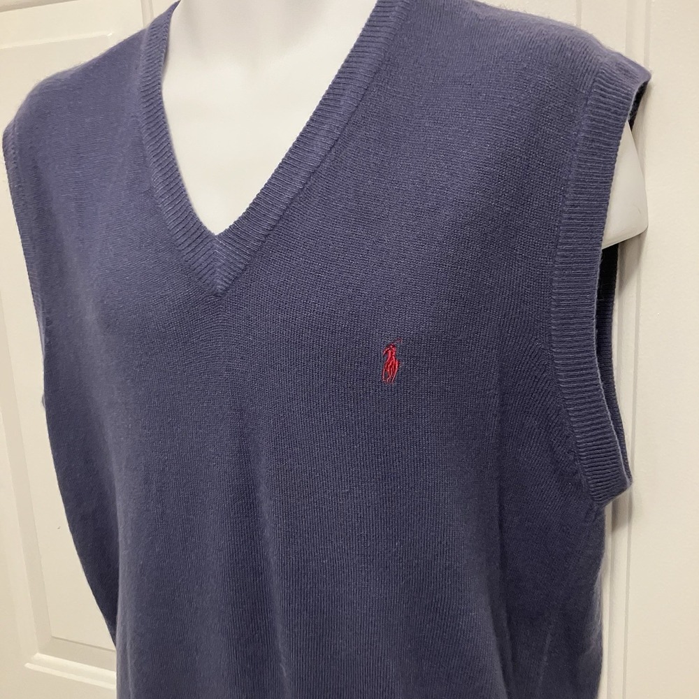 VTG Polo Ralph Lauren Men's Sz XXL 2XL Blue V Neck Sweater Vest 100%‎ Cashmere